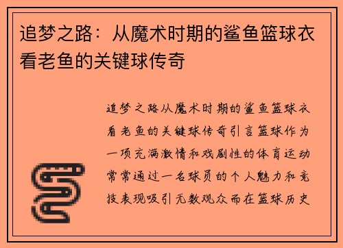 追梦之路：从魔术时期的鲨鱼篮球衣看老鱼的关键球传奇