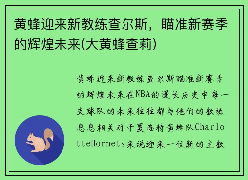 黄蜂迎来新教练查尔斯，瞄准新赛季的辉煌未来(大黄蜂查莉)